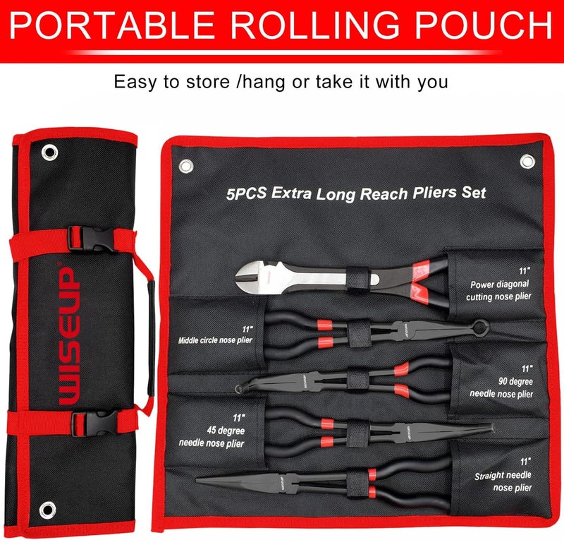WISEUP 5Pcs Long Needle Nose Pliers Set ，Premium Carbon Steel，11" Long Reach Straight ，45° Bent Nose ，90° Bent Nose Plier，Diagonal Pliers for Narrow Spaces - Image 2